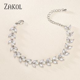 ZAKOL mode Style coréen feuille CZ zircone Tennis bracelets pour femme luxe Imitation perles Briadal bijoux de mariage 1031 240105