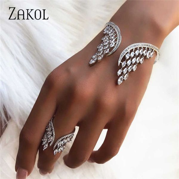 Zakol Moda Lujo Cubic Zirconia Alas de gran ángulo en forma de brazalete Brazalete para mujeres Chica Fiesta Joyería de boda FSBP2011 Q0717