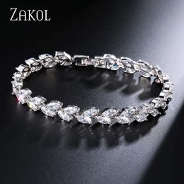 Zakol Fashion White Leaf Bracelets Bangles pour femmes Shinny Marquise Cut Cubic Zirconia Bridal Wedding Party Bijoux 240423