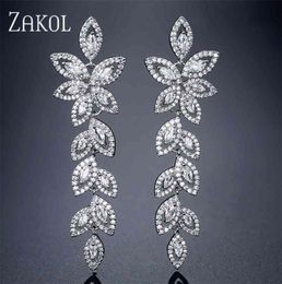 ZAKOL mode zircone cristal mariée longues boucles d'oreilles pour les femmes feuilles de mariage fiançailles fête bijoux FSEP2348 2106248724739