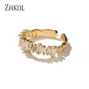ZAKOL coréen Zircon couleur or Double étudiant anneaux ouverts pour les femmes Rectangle Index bague de mariage fête fille Sexy bijoux