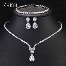 Zakol Luxury Clear Water Drop Zircon Jewelry Set pour les femmes Party de mariage CZ de haute qualité 240511