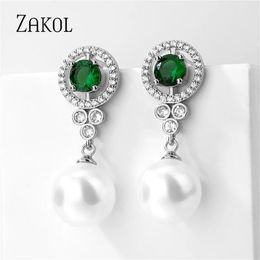 Zakol Luxe ronde Imitatie Pearl Dange oorbel voor vrouwen Fashion Cubic Zirconia Betrokkenheid Wedding Party Sieraden EP5528 240410