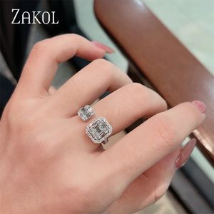 ZAKOL brillant géométrique carré cristal CZ anneaux ouverts mode zircon cubique bague de fiançailles pour les femmes bijoux de mariage