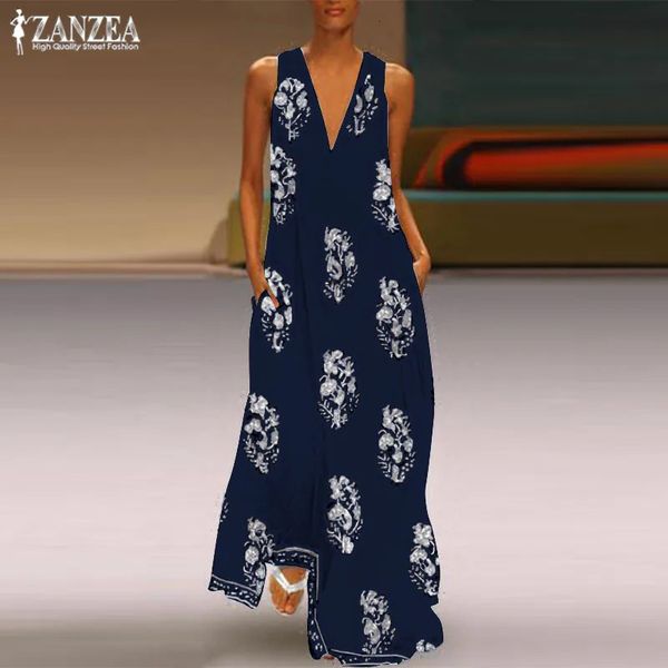 ZANZEA 2023 bohème Robe imprimée été Robe d'été mode Sexy col en V sans manches Maxi robes Femme Robe florale Femme 240320