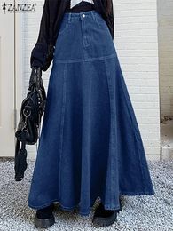 ZANZEA 2024 été Denim Jupe longue femmes mode taille haute Jupe décontracté Vintage bleu a-ligne Maxi Jupe élégant Wrap Long Faldas 240202