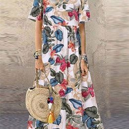 Zanzea Boheemian Holiday Sundress Summer Women Vintage Floral Printed Short Sleeve strandjurk Loose Long Vestido Robe Femme 220705