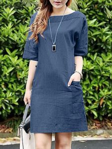 ZANZEA-Vestido vaquero azul de moda para mujer, Vestido informal de media manga con cuello redondo, vestidos vaqueros Vintage de verano
