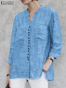 Zanzea Fashion Stripe imprimé Shirt Summer 3/4 SHEEVE V-NECK Blouse Femme Blusas décontractée Mujer Femme Élégante Top coréen lâche 240407