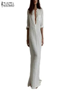 Zanzea Fashion Vestidos 2017 Automne Femmes Sexy Robe décontractée Manche longue Deep V Linen Split Solid Long Maxi Robe plus Size5005784