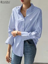 ZANZEA Kantoor gestreepte losse blouse Turn-down kraag Top Oversized dames shirt met lange mouwen Vintage button-up Blusa Femininas 240202