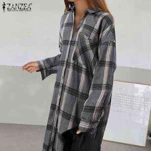 Zanzea stijlvolle revers party baggy lange jurk plaid afgedrukt knoop vestido vrouwen herfst casual lange mouwen kaftan jurk oversized Y1204