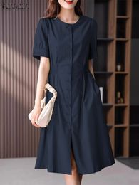 ZANZEA Zomer Elegante Effen Kleur Jurk Vrouw Mode OL Kantoor Zonnejurk Korte Mouw Oneck Shirtdress Femme Vintage Party Gewaad 240327