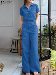 Zanzea Summer Fashion Suisse Revers à manches courtes Shirt Pantalon de jambe large 2pcs Femme Bureau vintage OL SETS MATCH