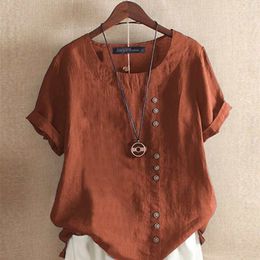 ZANZEA, blusa de verano con cuello redondo y manga corta, camisa de lino y algodón para mujer, Tops informales con botones sueltos, Blusas femeninas, Top de trabajo Chemise 220707