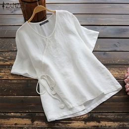 ZANZEA Été VintageBlouse Femmes Chemise À Manches Courtes En Coton Solide Travail Blusas Casual Robe Femme Tunique Tops Femininas Plus La Taille Y200623