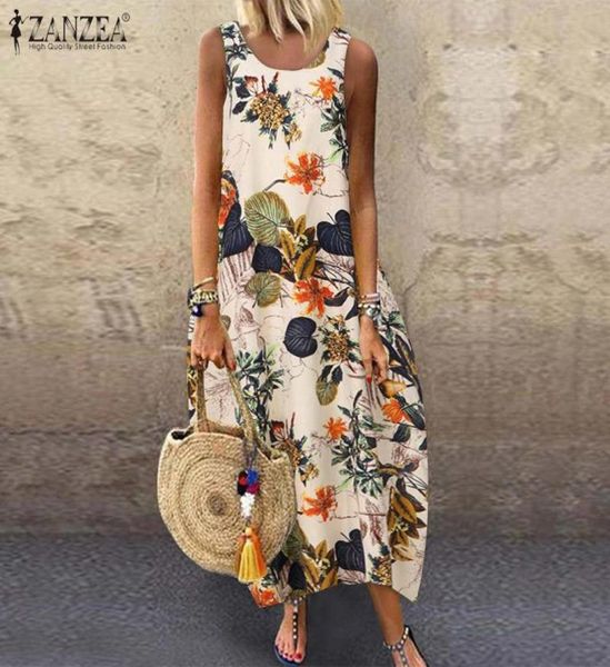 ZANZEA été femmes Vintage robe sans manches imprimé fleuri robe longue coton lin robe d'été Baggy plage robe Sarafans 5XL 7 X02960230