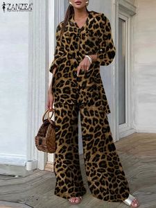 ZANZEA Vintage 2pcs Pantes Sets Summer Women Fashion Fashion Leopard Tops lâches décontractés et tenues Pant