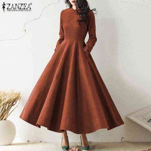 ZANZEA Vintage Corduroy Maxi Robe Femmes Français Élégant Long Robes Mode Fête Solide Kaftan Automne Vacances Swing Robes Y1204