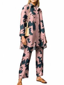 Zanzea Vrouwen Casual Broek Sets Outfits Oversized Fi Gedrukt Lg Mouw Blouse Wijde Pijpen Broek Streetwear Loungewear Set Pak 44IQ #