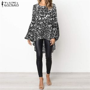 Zanzea dames tuniek blouse vrouwelijke sexy puff mouw asymmetrische tops shirt casual luipaard graan blusas tuniek tops plus size 5xl t200322