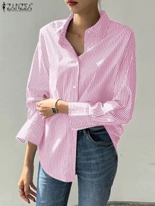 ZANZEA femmes rayé Blouse ample bureau col rabattu manches longues Vintage haut boutonné chemise surdimensionné Blusa Femininas 240116