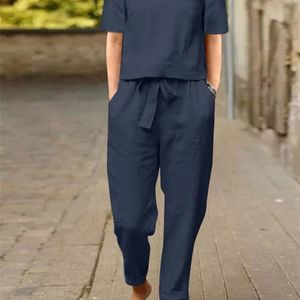 ZANZEA Dames Zomer Effen Bijpassende Set Halve Mouw O-hals Oversize Dunne Blouse Wijde Pijpen Broek Femme Vakantie Elastische Vintage Sets 220812