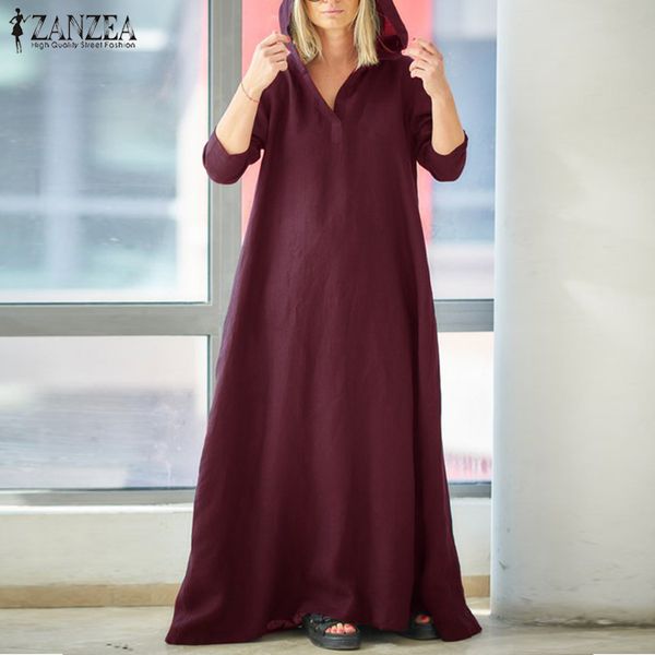 ZANZEA femmes robe d'été grande taille à capuche Maxi Robe Vintage coton Robe en lin femme décontracté Vestidos à manches longues Robe 5XL 200928