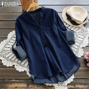 ZANZEA Womens Denim Blue Shirts Mode Herfst Blouse Casual Button V-hals Lange Mouw Tops Jean Tuniek Blusa Plus Size 240202