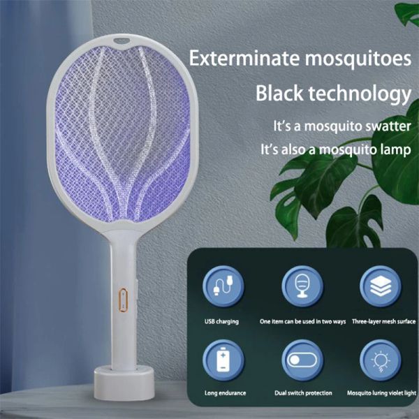 Zappers électrique Shock 2in1 Mosquito Killer Purple Light Trap Flies Swatter USB ménage rechargeable Bogue d'été de l'été Mosquito