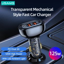 Zappers USAMS 125W Charger de voiture à charge rapide PD QC 3.0 AFC SCP FCP USB Type C Charger pour iPhone iPad Xiaomi Samsung Huawei Tabelt ordinateur portable