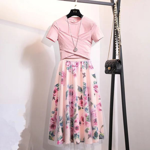 Zawfl Summer Femmes 2 Pieces Fashion Rose Cotton Bowknot T-shirt Mesh Imprimé floral Big Swing Long Jirt Costumes 240319