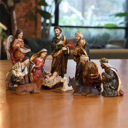 Zayton Statue Nativity Scène Set Baby Jesus Manger Kerst Crib Figurines Miniaturen Ornament Church Xmas Gift Woondecoratie 211101