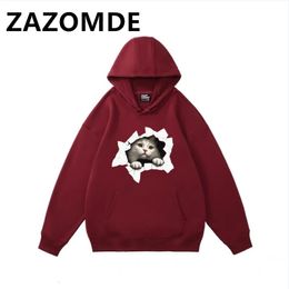 ZAZOMDE mignon chat imprimé à capuche cordon pull sweat haut homme sweat à capuche chaud automne hiver Hip Hop Streetwear sweat à capuche hommes 231228