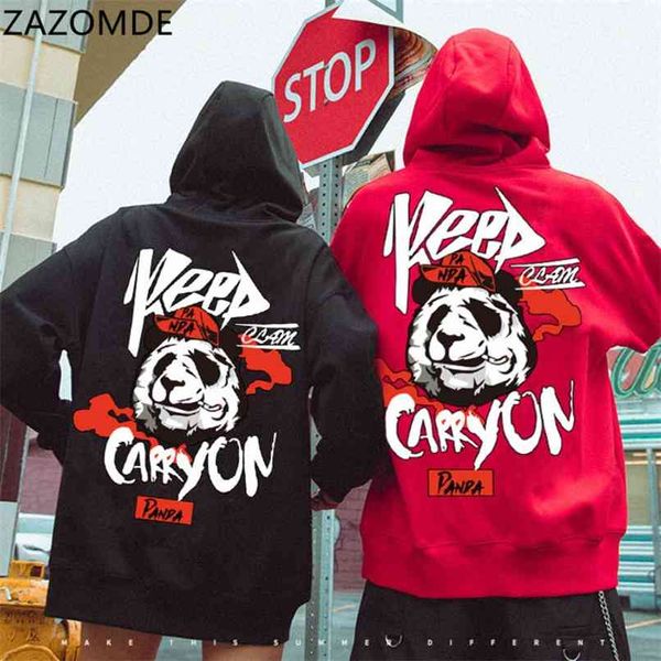 ZAZOMDE Hip Hop Hoodie Pullover Hombres Sudadera Panda Cartoon invierno cálido s Moda Trend Street Streetwear cool men 210813