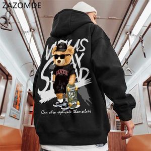 Zazomde Men Hip Hop Sweatshirt Hoodie Bear Print Streetwear Harajuku pullover Hoodie Fleece Winter Herfst Black Red Hoodie 220114