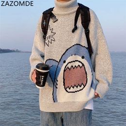 ZAZOMDE hommes col roulé requin pull hiver patchwork Harajuku Style coréen col haut surdimensionné gris col roulé pour 220125