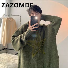 ZAZOMDE Streetwear Hombres Suéter Estrella Suéteres de punto Jersey casual suelto Y2K Jersey de gran tamaño Suéter Hip Hop Suéteres con capucha 240106