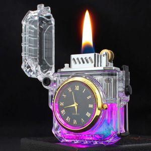 ZB807-1 Nouvelles horloges transparentes, sable fluide, briquets de kérosène, lumières colorées à LED en plastique, briquets à cigarettes imperméables