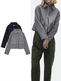ZBZA – veste en laine pour femmes, manteau à revers, manches longues, poches, ample, court, vêtements d'extérieur chics, mode automne, 240122