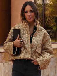 ZBZA femmes paillettes Bomber veste automne col rond manches longues poche Stretch ourlet paillettes manteau femme Chic vêtements d'extérieur 240115