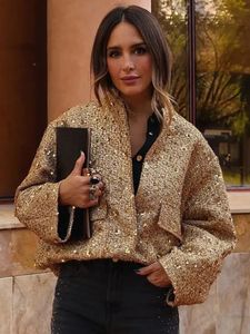 ZBZA Womens Sequined Bomber Jacket Fall Round Neck Long Sleeve Pocket Stretch Hem Sequins Coat Female Chic Outerwear 240104