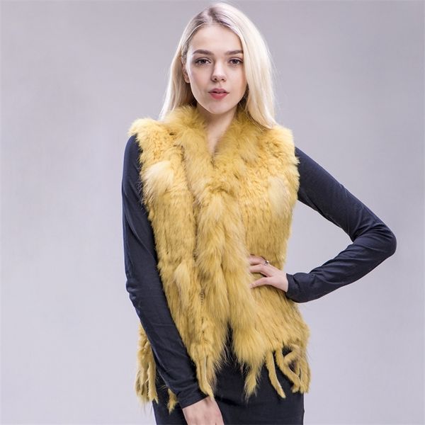 ZDFURS nuevos colores Mujeres Genuino real Chaleco de piel de conejo abrigo borlas Cuello de piel de mapache Chaleco al por mayor envío de la gota T200319