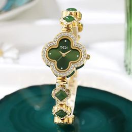 ZDR_Reloj de cuarzo resistente al agua con pulsera de ágata verde de lujo con trébol de cuatro hojas de la suerte para mujer