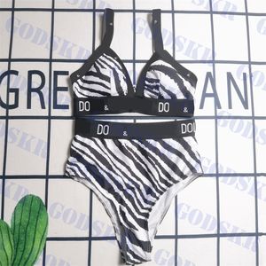 Zebra Patroon Swimsuit Dames High Tailed Bikini Letter Logo Bra V Neck Swimwear Set