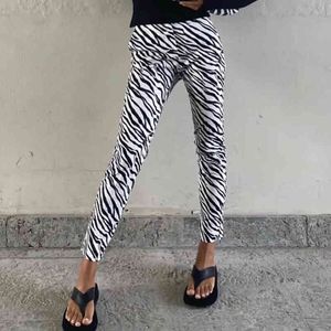 Zebra Print Demin Pants Dames Hoge Taille Zipper Enkele Button Luipaard Print Jeans Dierpatroon Skinny Broek Broek 210415