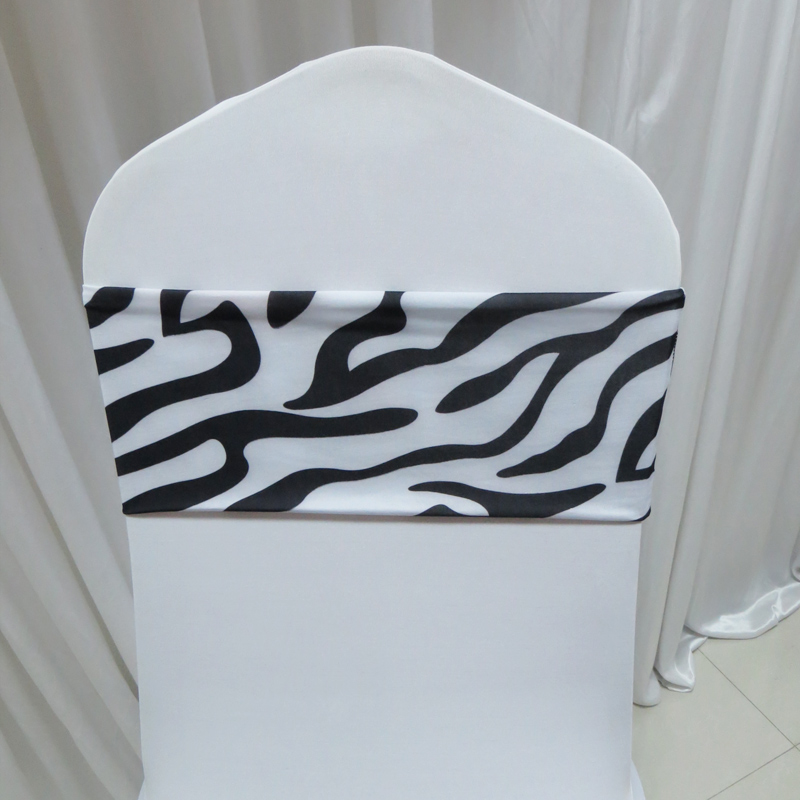 100pcs أبيض أسود اللون zebra نمط الطباعة نطاق كرسي spandex no buckle لاستخدام الديكور الزواج