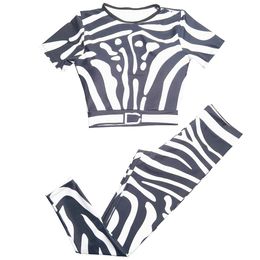 Zebra Stripe Print T-shirt Leggings Femmes Marque Survêtements À Manches Courtes Yoga Haut Haute Élastique Pantalon Serré D'été En Plein Air Jogging Tenue