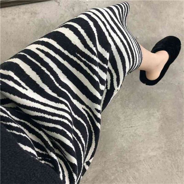Zebra Stripe Femmes Midi Jupe tricotée Femme Taille haute Vintage Plissée Droite Animal Imprimer Dames 210514