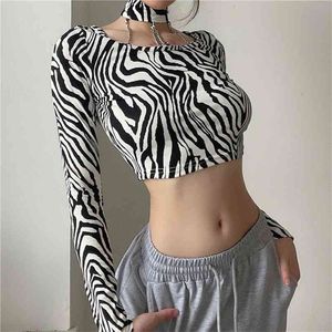 Zebra Gestreepte Gedrukt Cut Out Y2K Halter Crop Top Zomer Mode Dames T-shirt voor meisjes Lange mouw Tee Shirt Streetwear 210510